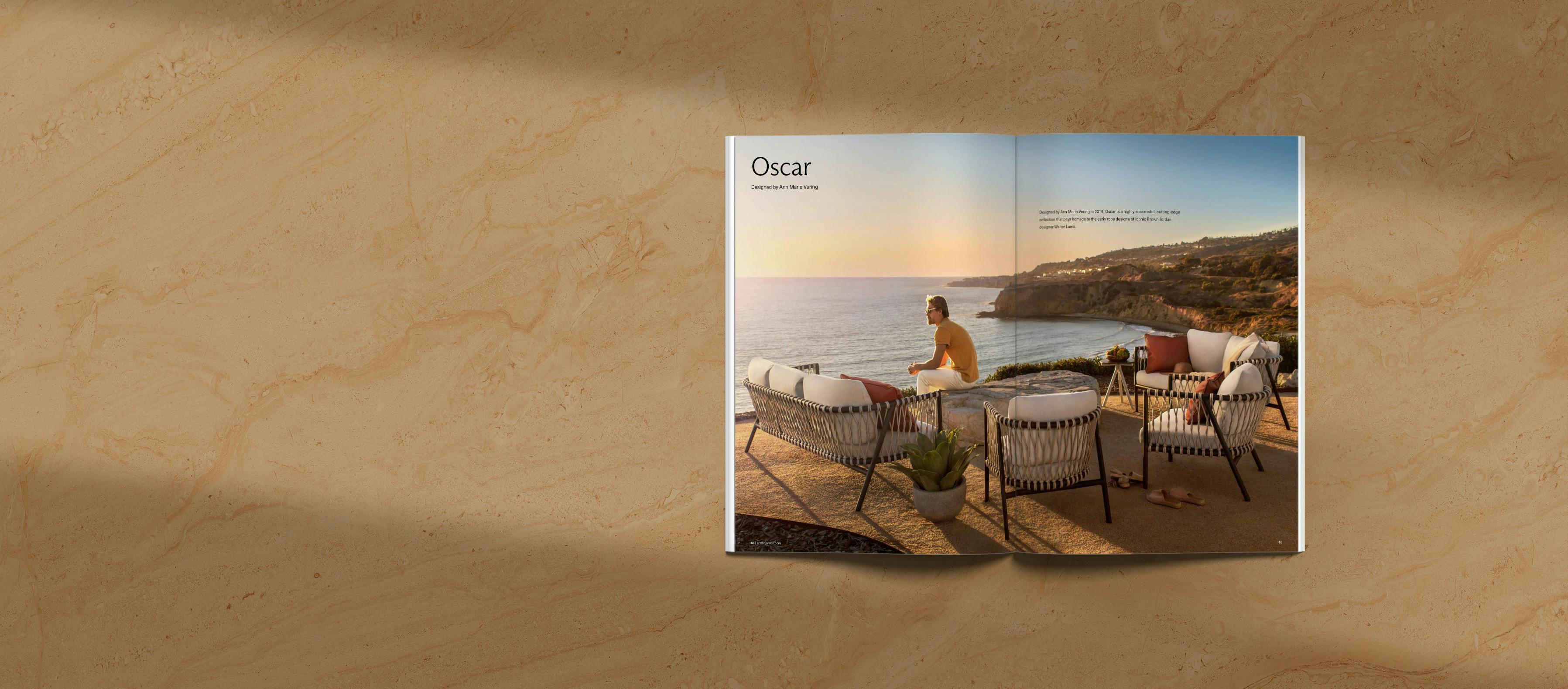 Mockup of Brown Jordan's 2024 Catalog with an open spread of Oscar's seating set nearby the beach.